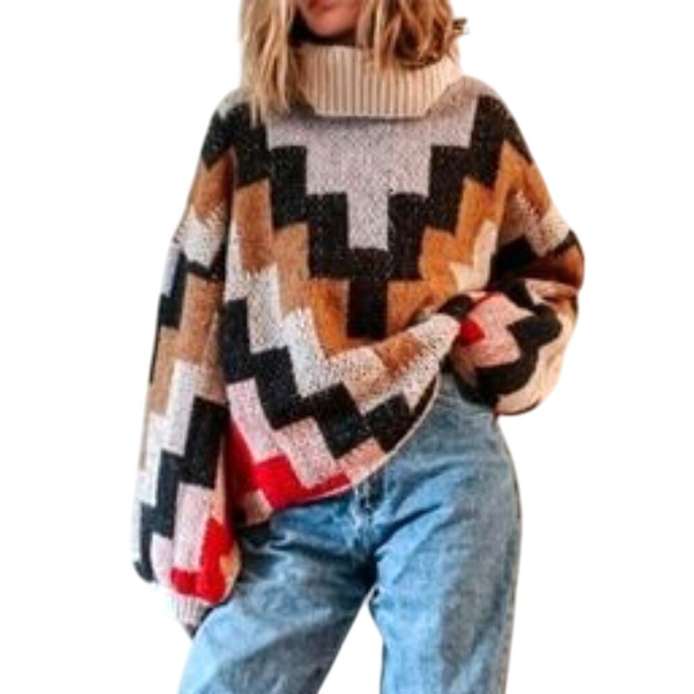 Karlie NWT T'salta Geometric Stripe Colorblock Chunky Knit Turtleneck Sweater